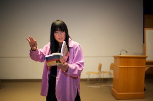 SYRACUSE, NY - Transgender riter, performer, and educator, professor of English at Santa Monica College, Ryka Aoki gives a speech at Watson Theater of Syracuse University on Apr. 9, 2012. She dedicates to transgender, genderqueer, and intersex group.